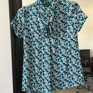 Michael Kors Neck tie teal Blue black Floral Top XXS NWT